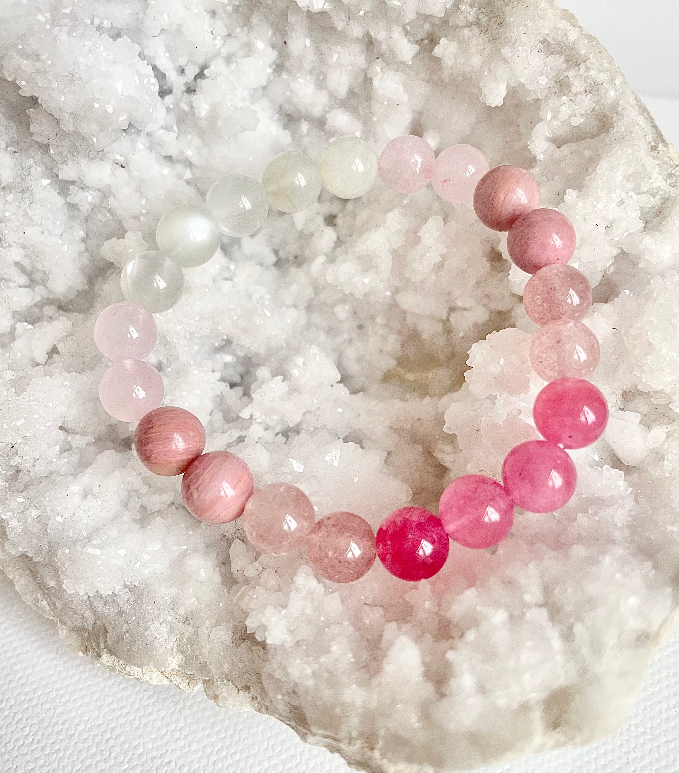 Rose Quartz, Strawberry Quartz, Cherry Quartz, Moonstone and Rhodochrosite