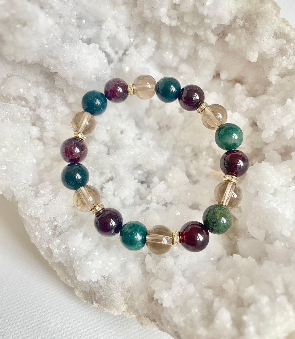 Garnet, Smoky Quartz and Moss Agate