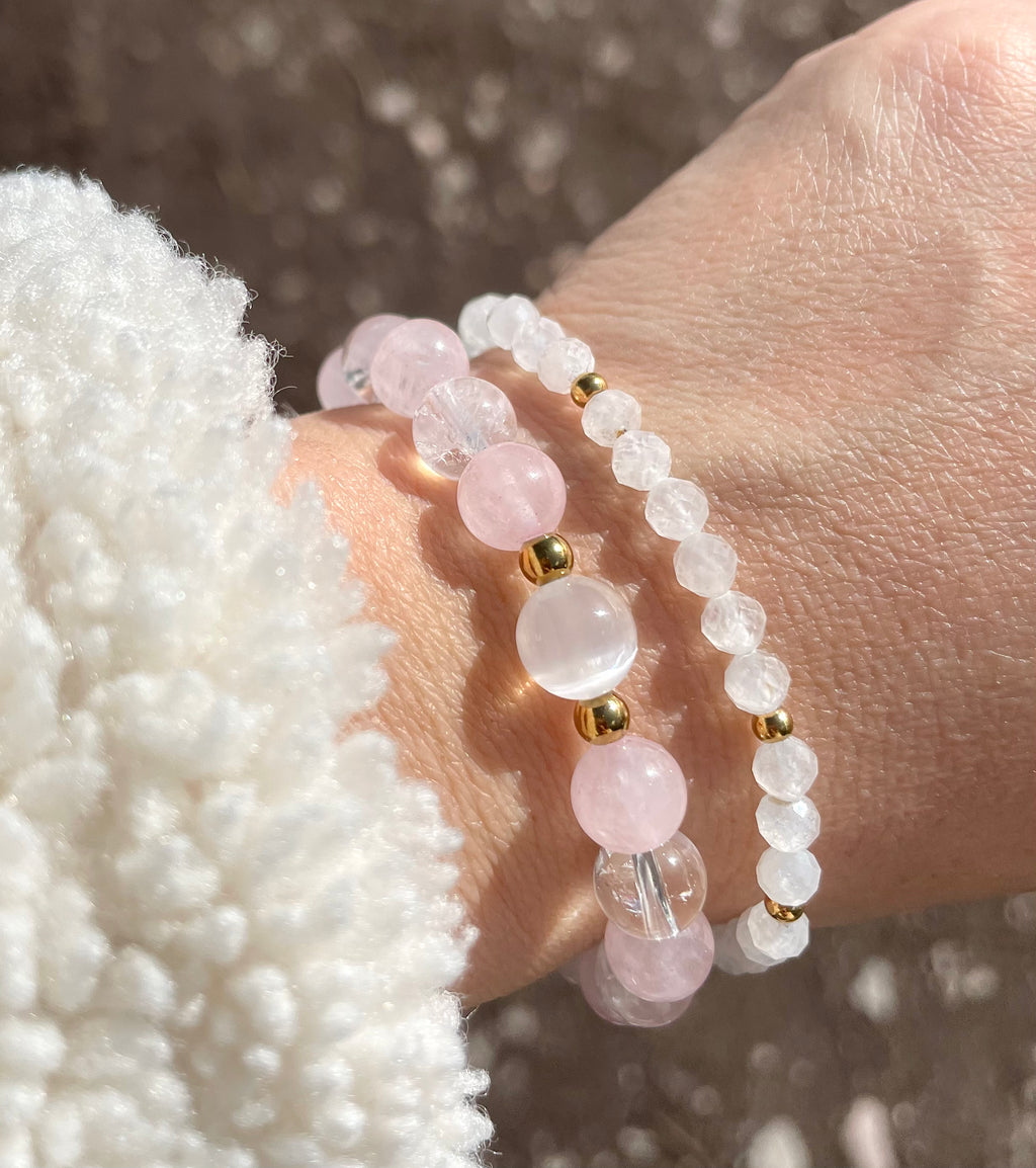Rose Quartz, Clear Quartz and Selenite with Faceted Moonstone Chain